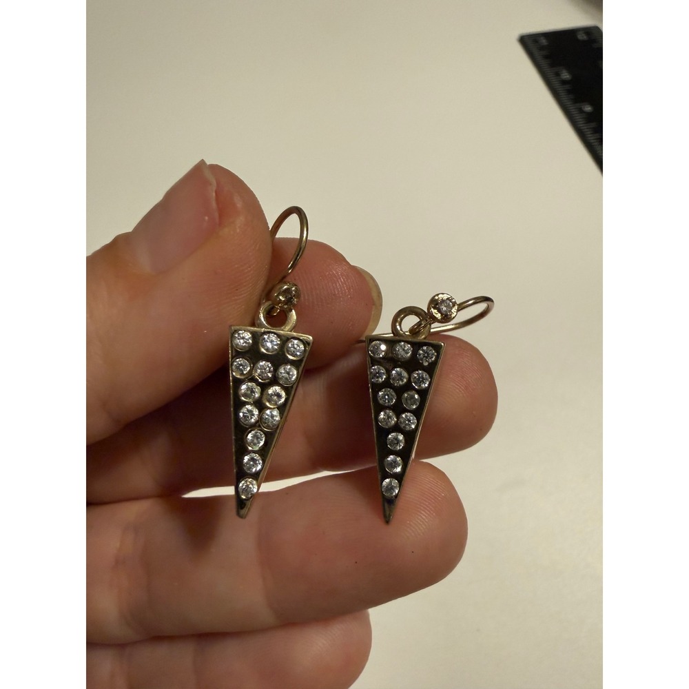 MM Gold Tone Crystal Pave Triangle Drop Earrings French Hook Geometric Modernist